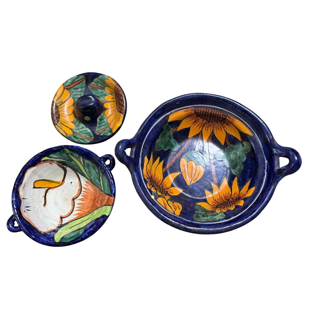 Moctezuma Mexican Folk Art Pottery Sunflower Calla Lily Bowl and Lidded Dish Set